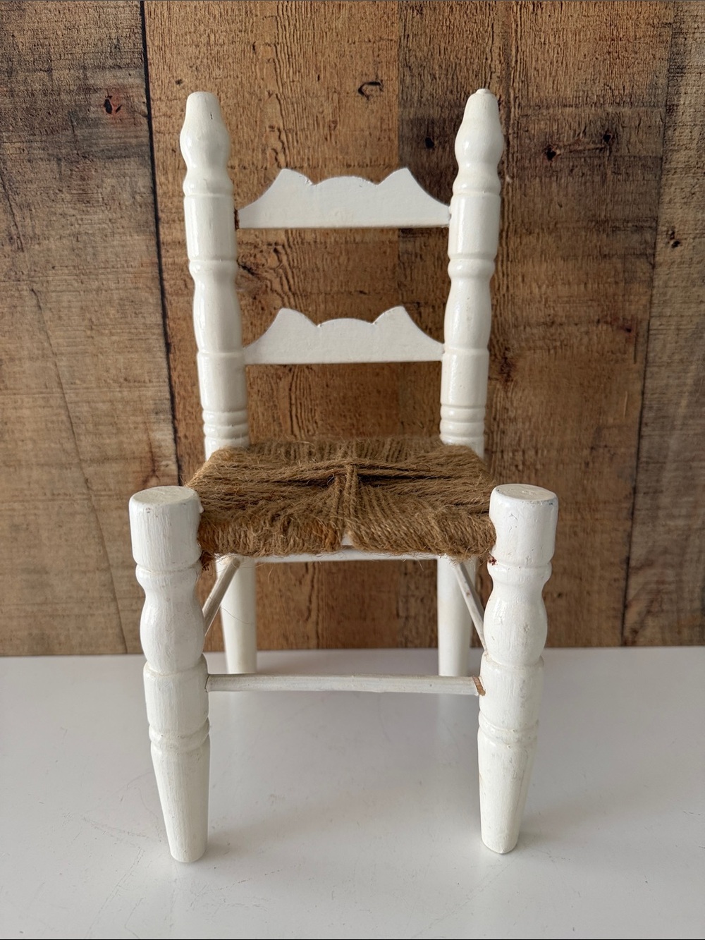 Vintage Miniature White Wooden Doll Chair with Natural Twine Seat